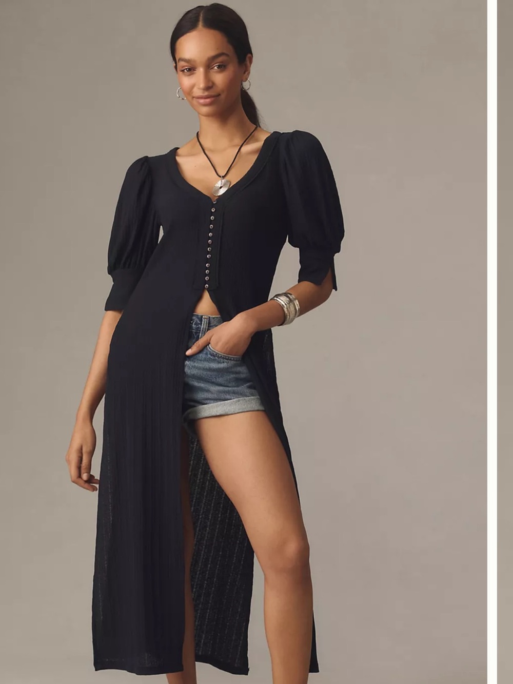 Anthropologie Black High-Low Button Front Maxi Tunic Dress